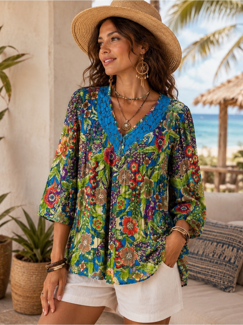 Art & Soul Vibrant Colorful Boho Floral Crochet Tunic Blouse Size XL